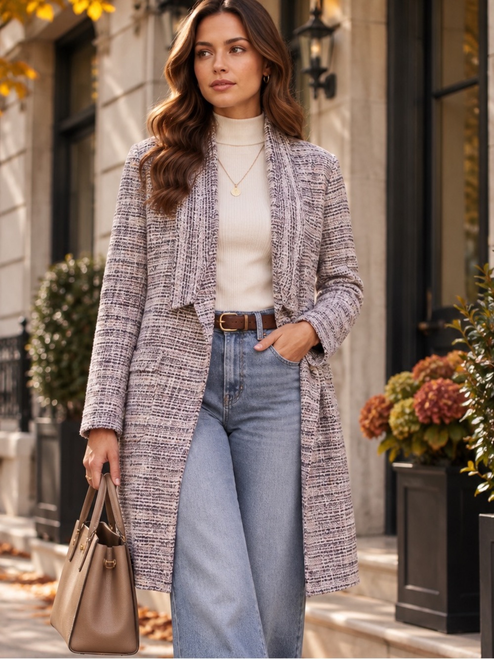 ShopEvelynne Neutral Tweed Longline Trench Coat